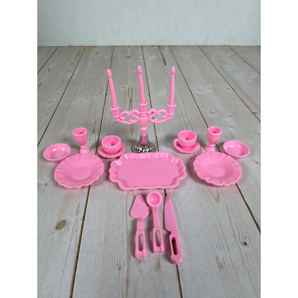 Barbie Dining Set Pink Dishes Cups Utensils Candelabra‎ Dollhouse Lot